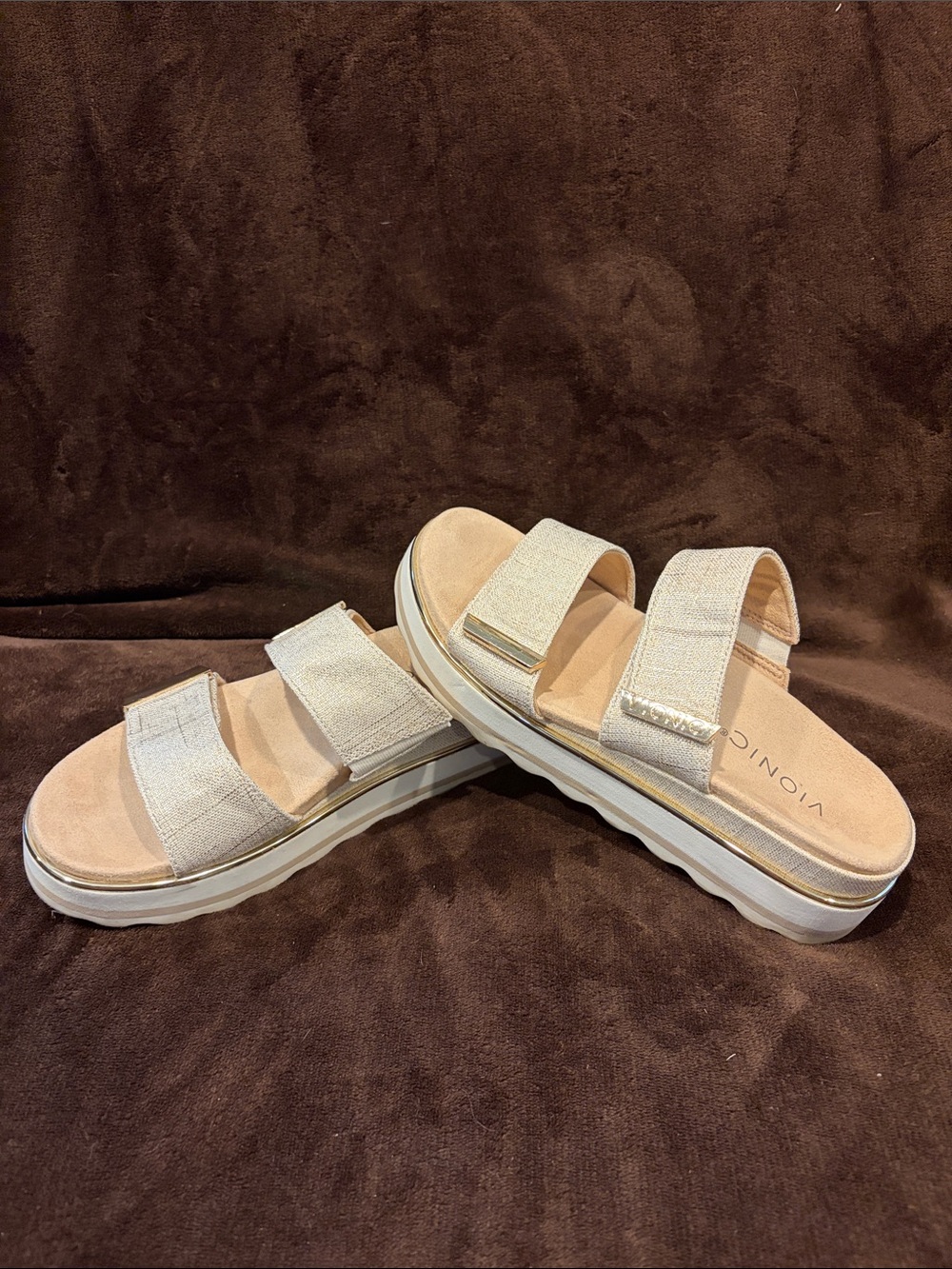 Vionic Beige/Tan Triple-Strap Platform Slide Sandal